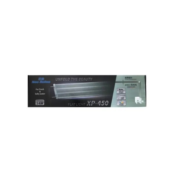 Technical Specifications Product Type: Aquarium LED Light Model: Neo Helios XP 450 Suitable Tank Size: 45 to 50cm Power: 24W Light Type: Flat LED aquarium light Operation: ON/OFF control Application: Freshwater aquariums and planted tanks Best For: Small planted aquariums and aquascaping layouts FAQ 1. Is the Neo Helios XP 450 Aquarium Light suitable for planted aquariums? Yes, it is suitable for small planted aquarium setups from 45 to 50cm. 2. What is the power of XP 450? The Neo Helios XP 450 Aquarium Light has a power output of 24W. 3. Does it have app control? No, this model is a simple plug-and-use aquarium light. 4. What type of tanks is it best for? It is best for freshwater aquariums, planted tanks and small aquascapes.