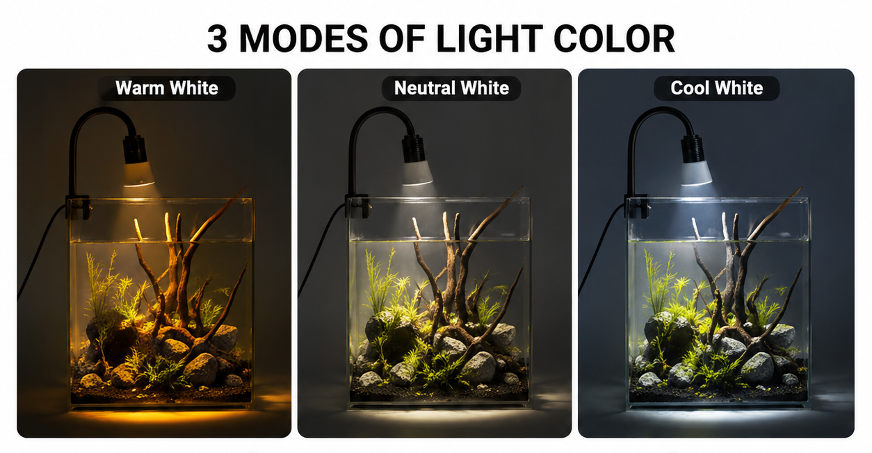 colour option Mini Clip Spot Light USB LED spotlight with adjustable beam angle and 3 light modes for aquariums and terrariums