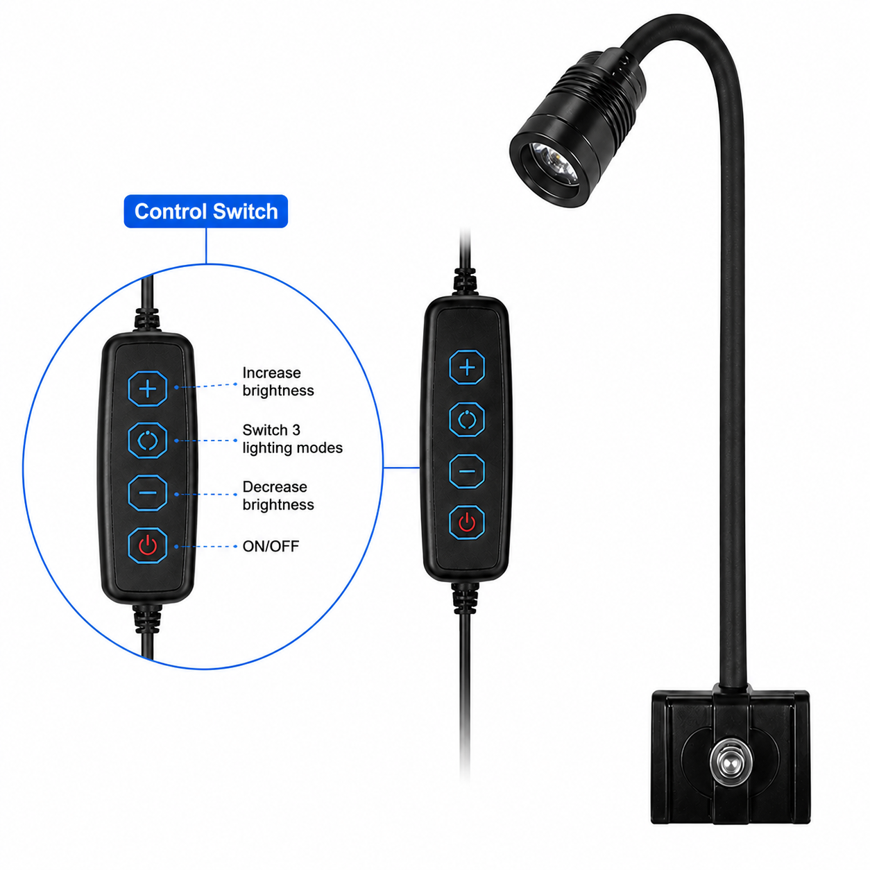 control switch Mini Clip Spot Light USB LED spotlight with adjustable beam angle and 3 light modes for aquariums and terrariums