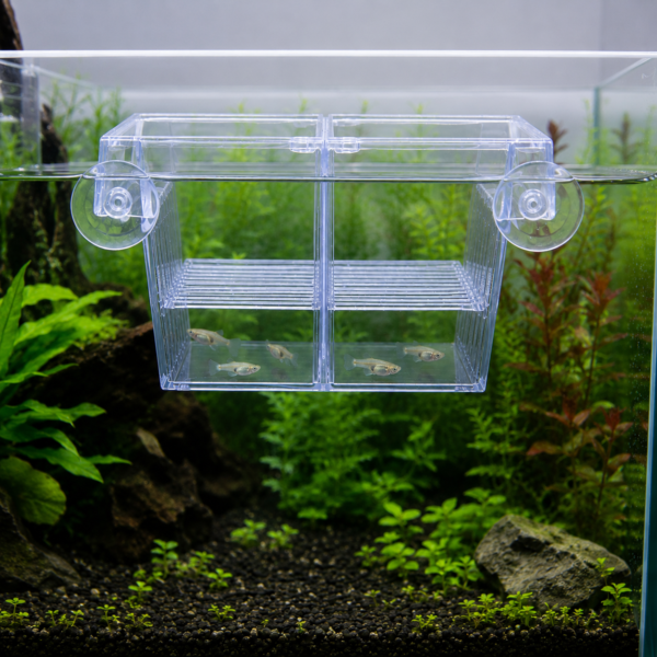Fish Breeding Box with removable partitions and suction cup mounting for aquarium fish isolation